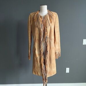 Vericci Tan Suede Fringe Leather Coat • Western Boho Festival Jacket (S)